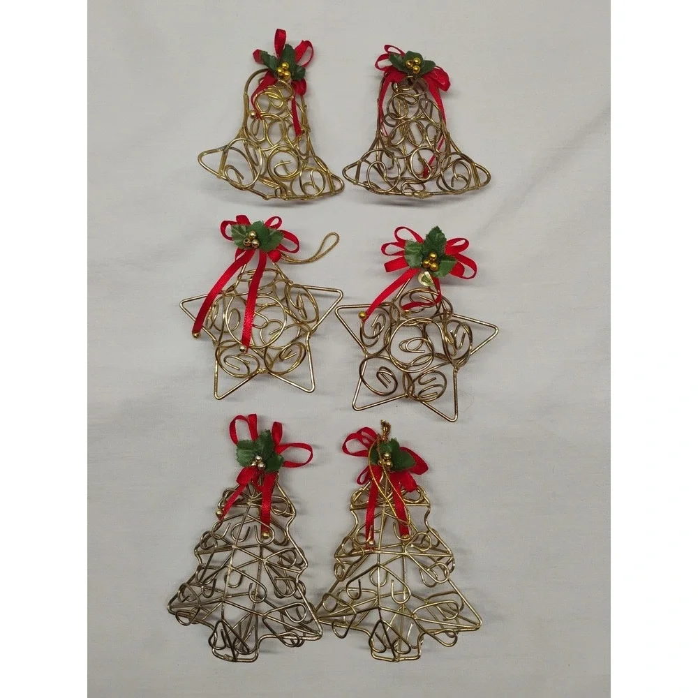6pc Metal Tree & Star Christmas Ornaments Rustic Cottage‎ Vintage Gold Tone